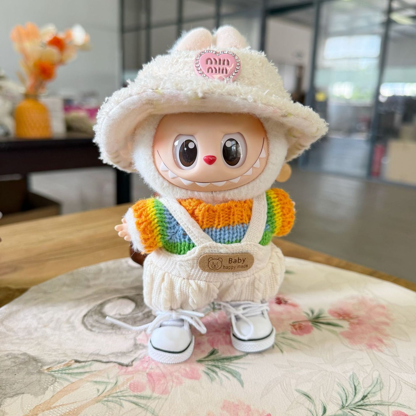 Labubu Doll Rainbow Sweater & Overalls Outfit for 10cm/17cm Vinyl Doll