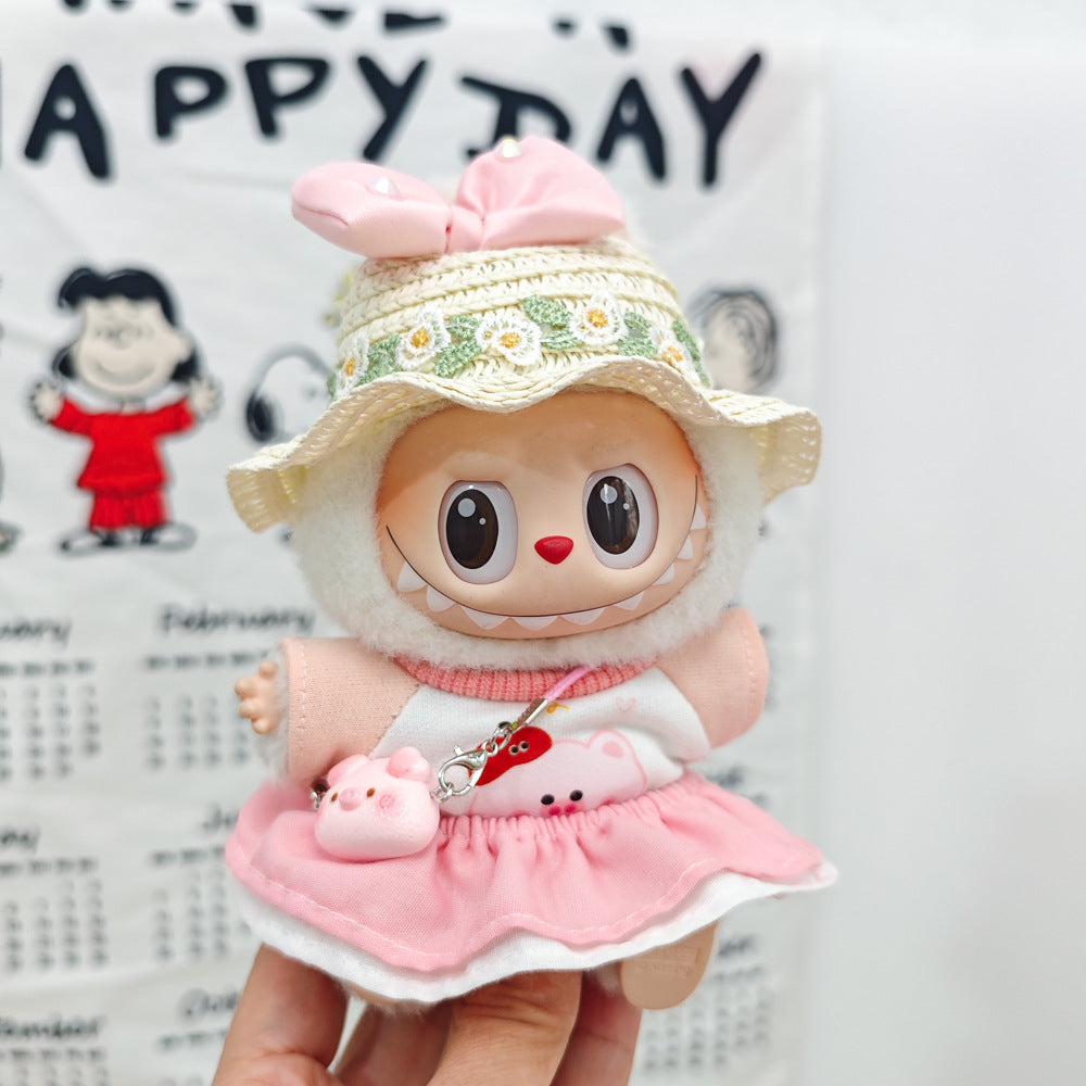 Labubu Doll Spring Outfit Set with Straw Hat & Accessories for 17cm Vinyl Doll