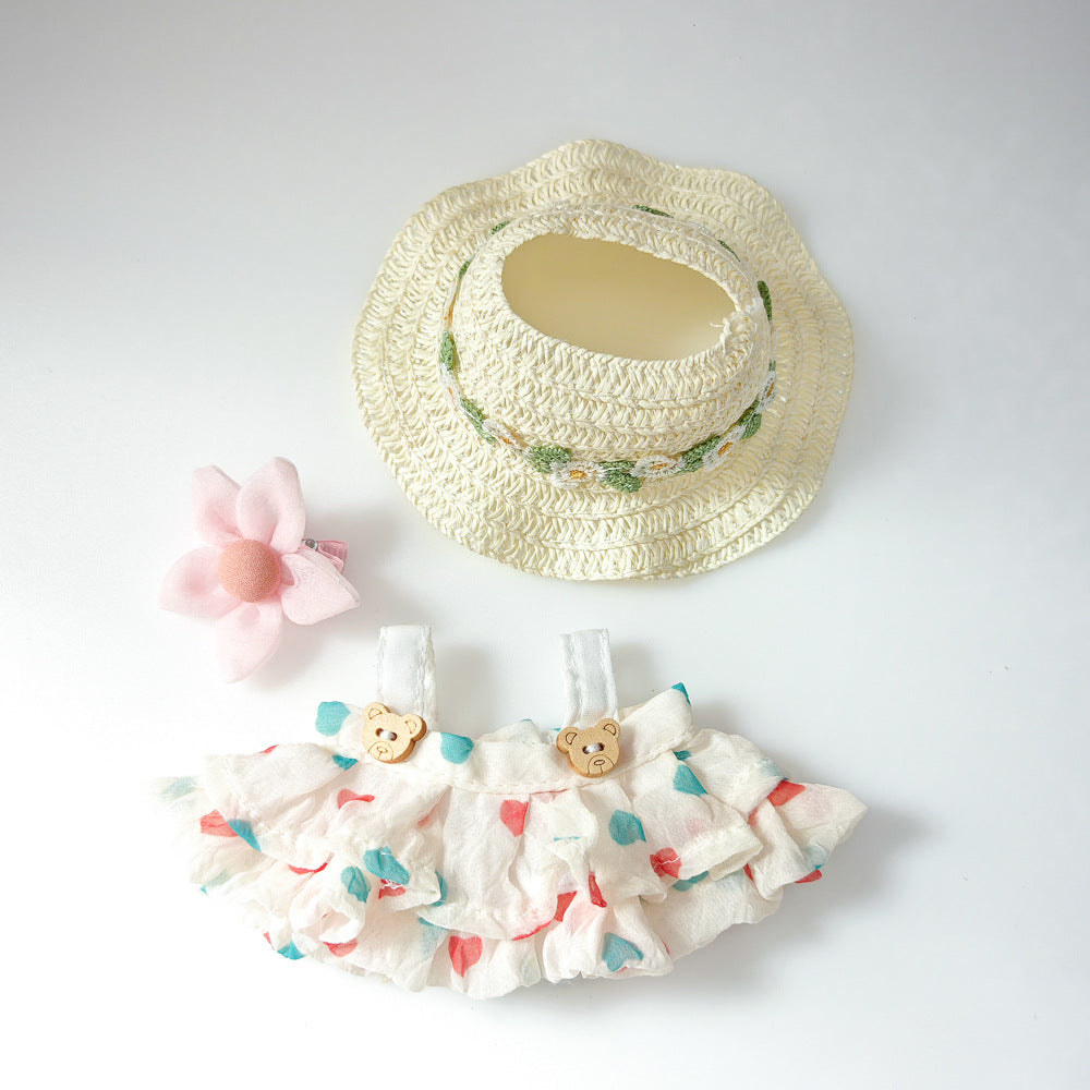 Labubu Doll Summer Outfit with Straw Hat & Accessories for 15cm Vinyl Doll