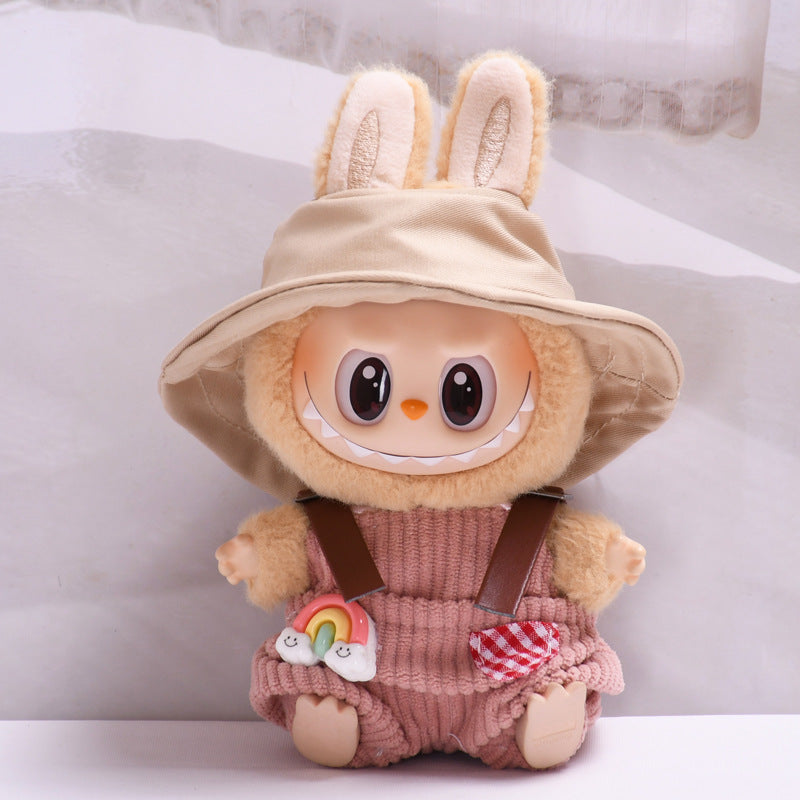 Labubu Doll Outfit - Pink Rainbow & Off-White Overalls with Hats & Shirts