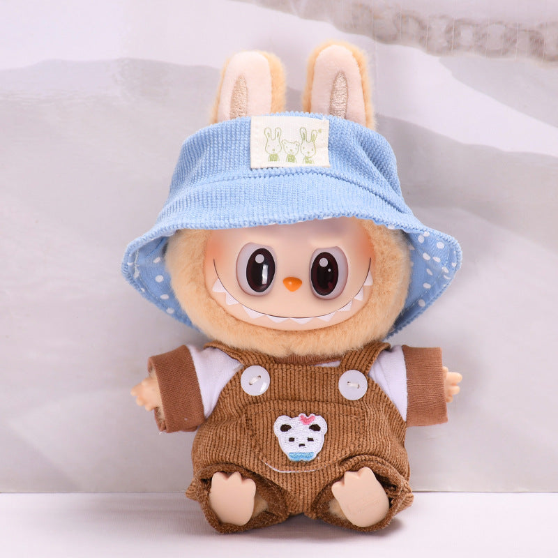 Labubu Doll Outfit - Pink, Yellow, Blue, Purple, Brown Overalls with T-Shirt & Hat
