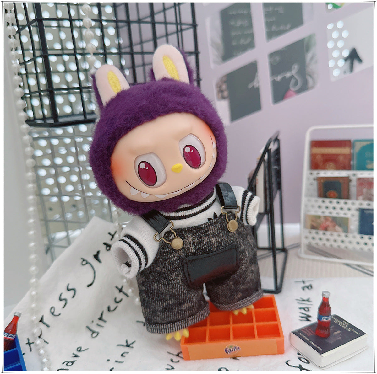 Labubu Doll Outfit - Stylish Denim Overalls & Checkered Bucket Hat for 17cm & 10cm Labubu