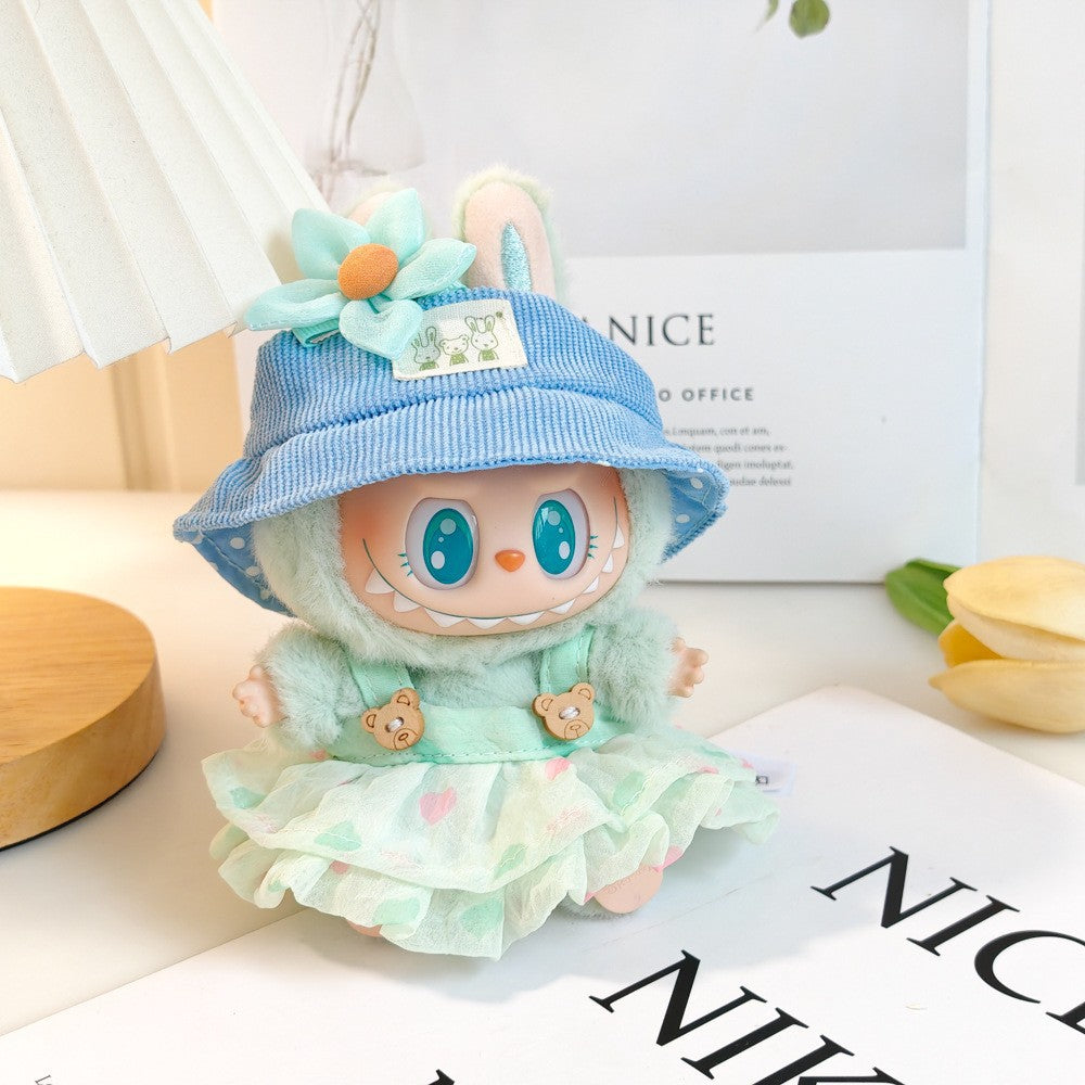 Labubu Doll Summer Outfit with Straw Hat & Accessories for 15cm Vinyl Doll