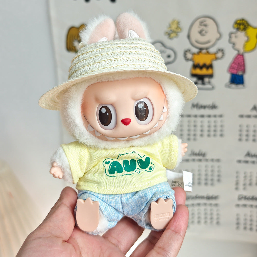 Labubu Doll Summer Outfit Set with Straw Hat & Canvas Shoes