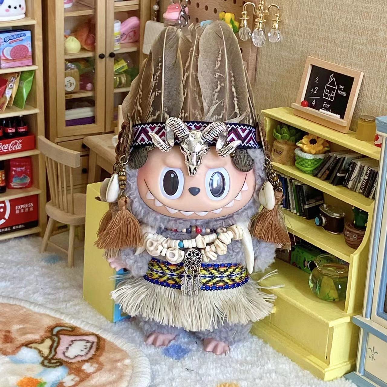 Labubu Vinyl Doll Indian Suit Outfit with Headband and Necklace