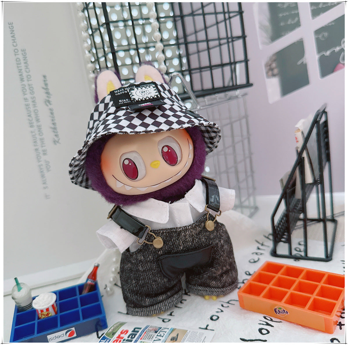 Labubu Doll Outfit - Stylish Denim Overalls & Checkered Bucket Hat for 17cm & 10cm Labubu