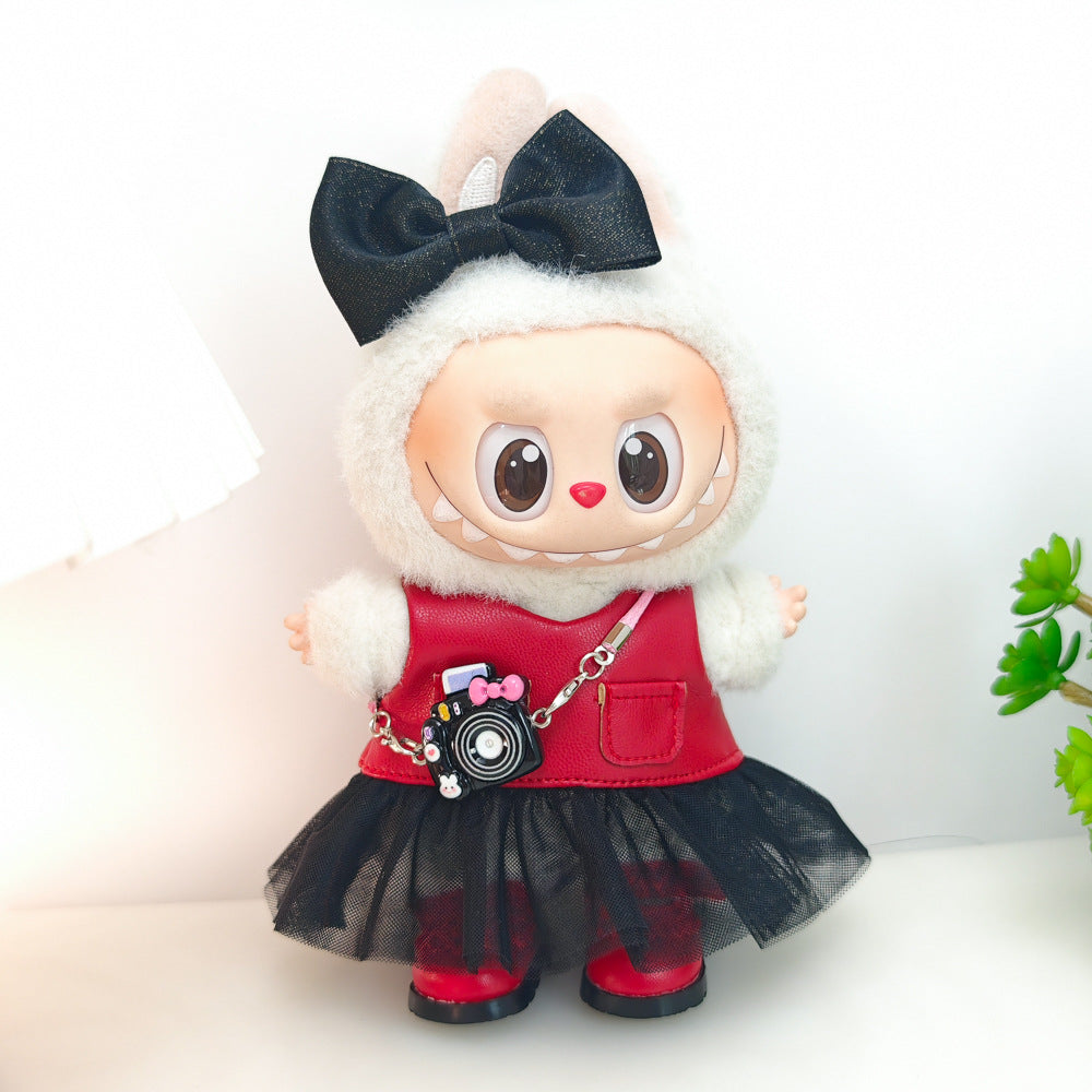 Labubu Doll Outfit Set - Red Leather Dress & Accessories for 15-17cm Vinyl Doll
