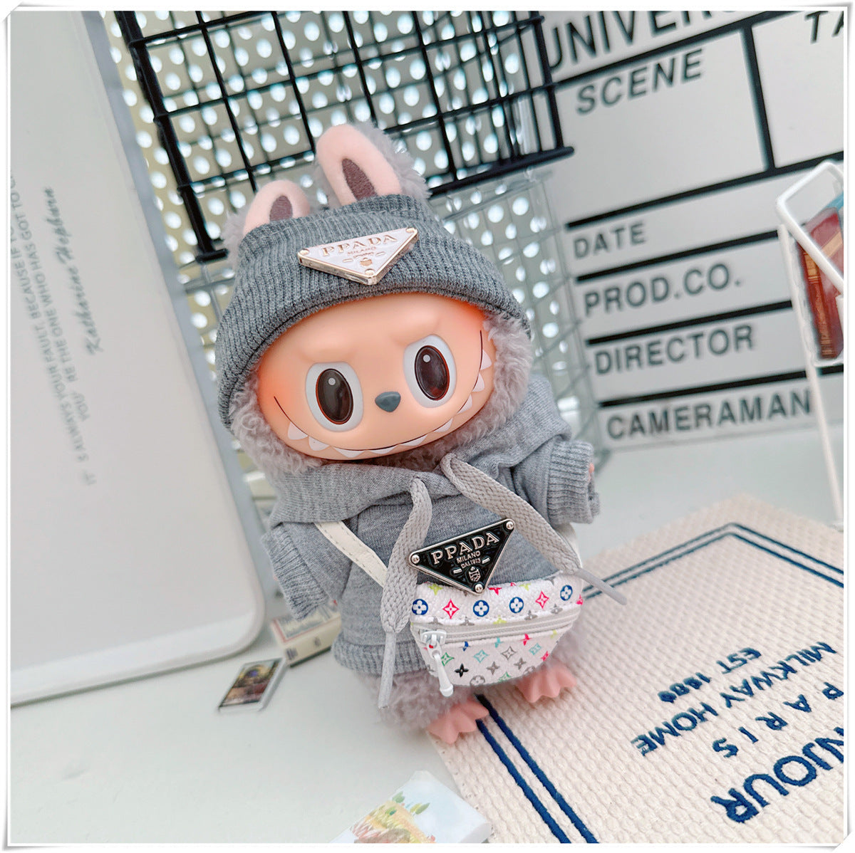 Labubu Doll Hooded Sweatshirt & Crossbody Bag Outfit for 10cm & 17cm Vinyl Dolls