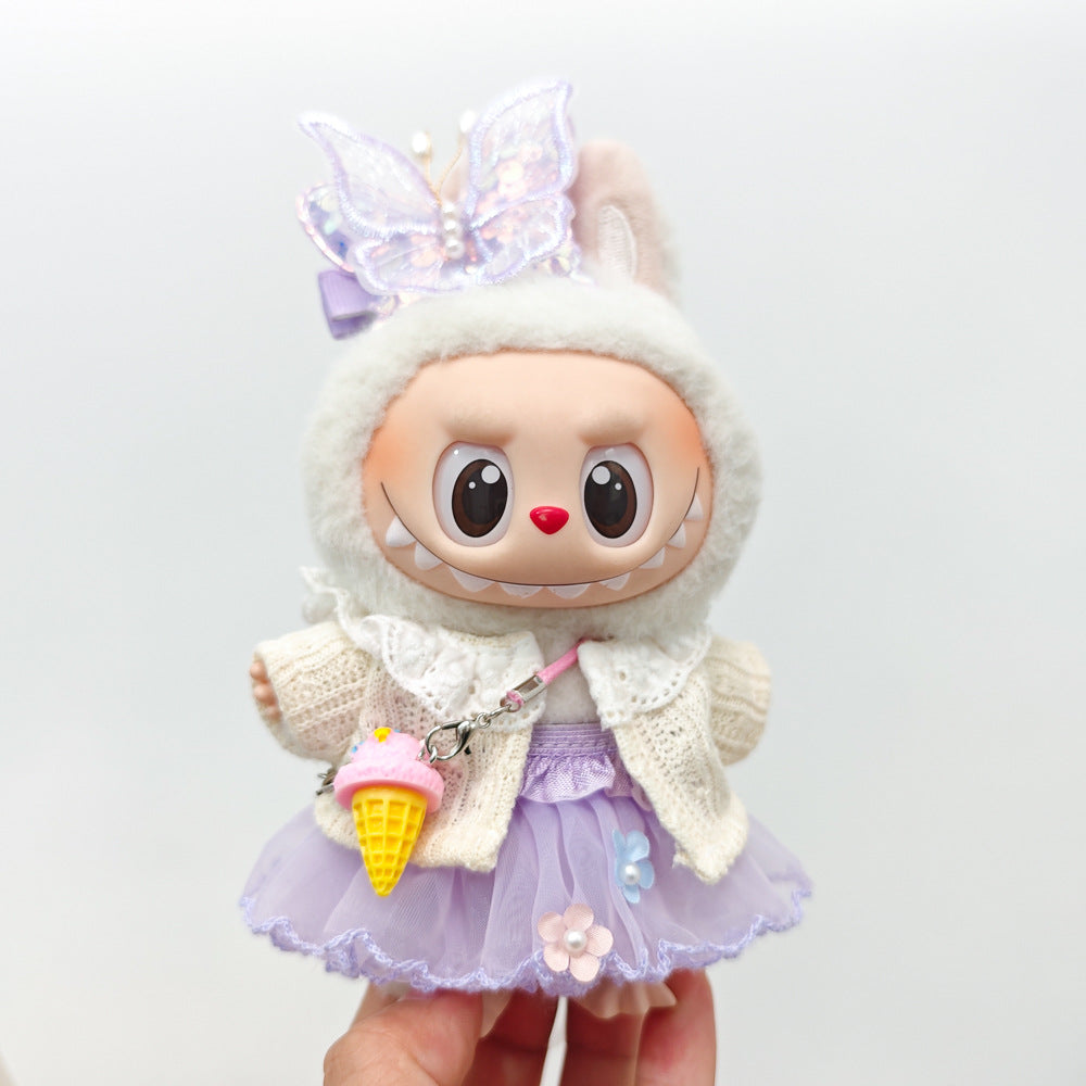 Labubu Doll Outfit - Purple Fairy Skirt & Beige Cardigan for 15-17cm Vinyl Dolls