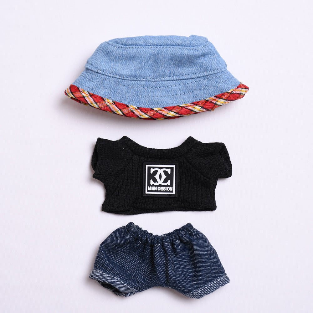 Labubu Doll Outfit - Black & White T-Shirt with Jeans & Denim Hat