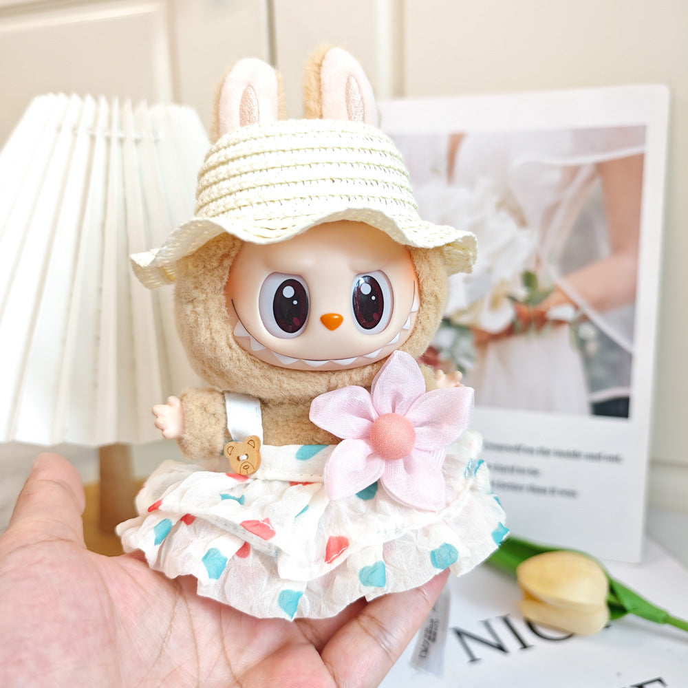 Labubu Doll Summer Outfit with Straw Hat & Accessories for 15cm Vinyl Doll