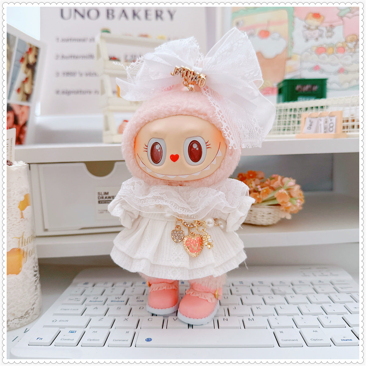 Labubu Doll Sweet White Lace Dress Set with Shoes