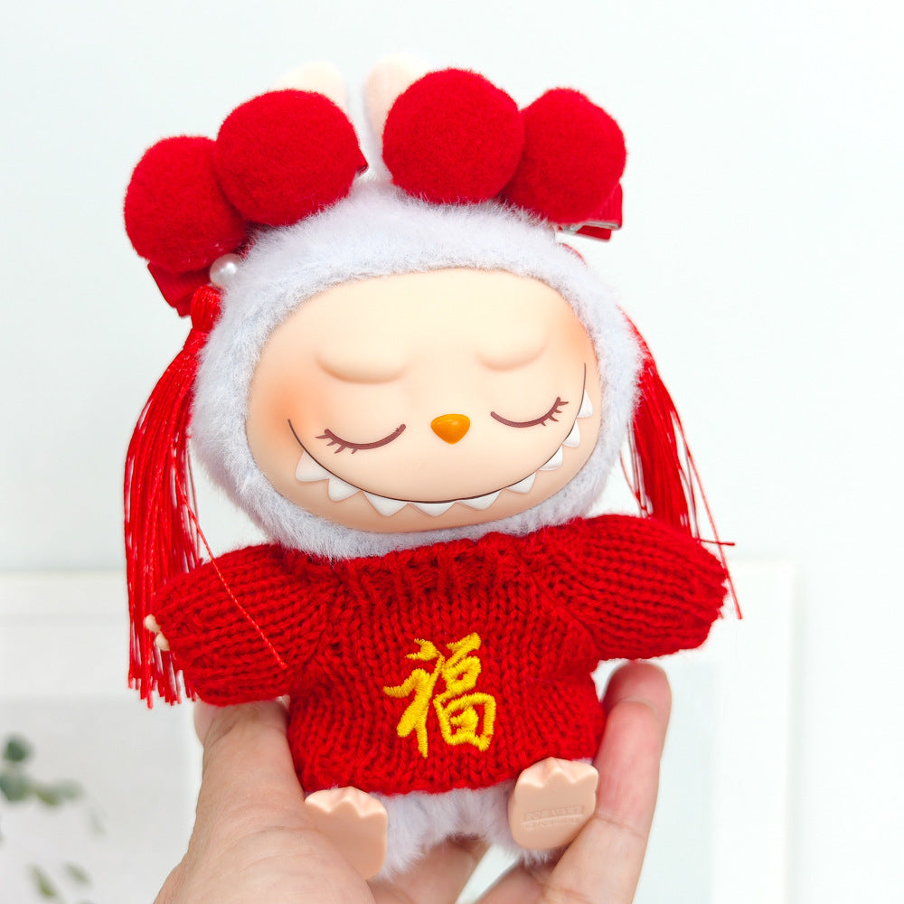 Labubu Doll New Year Red Sweater & Lucky Hat Outfit for 15-17cm Pendant Doll