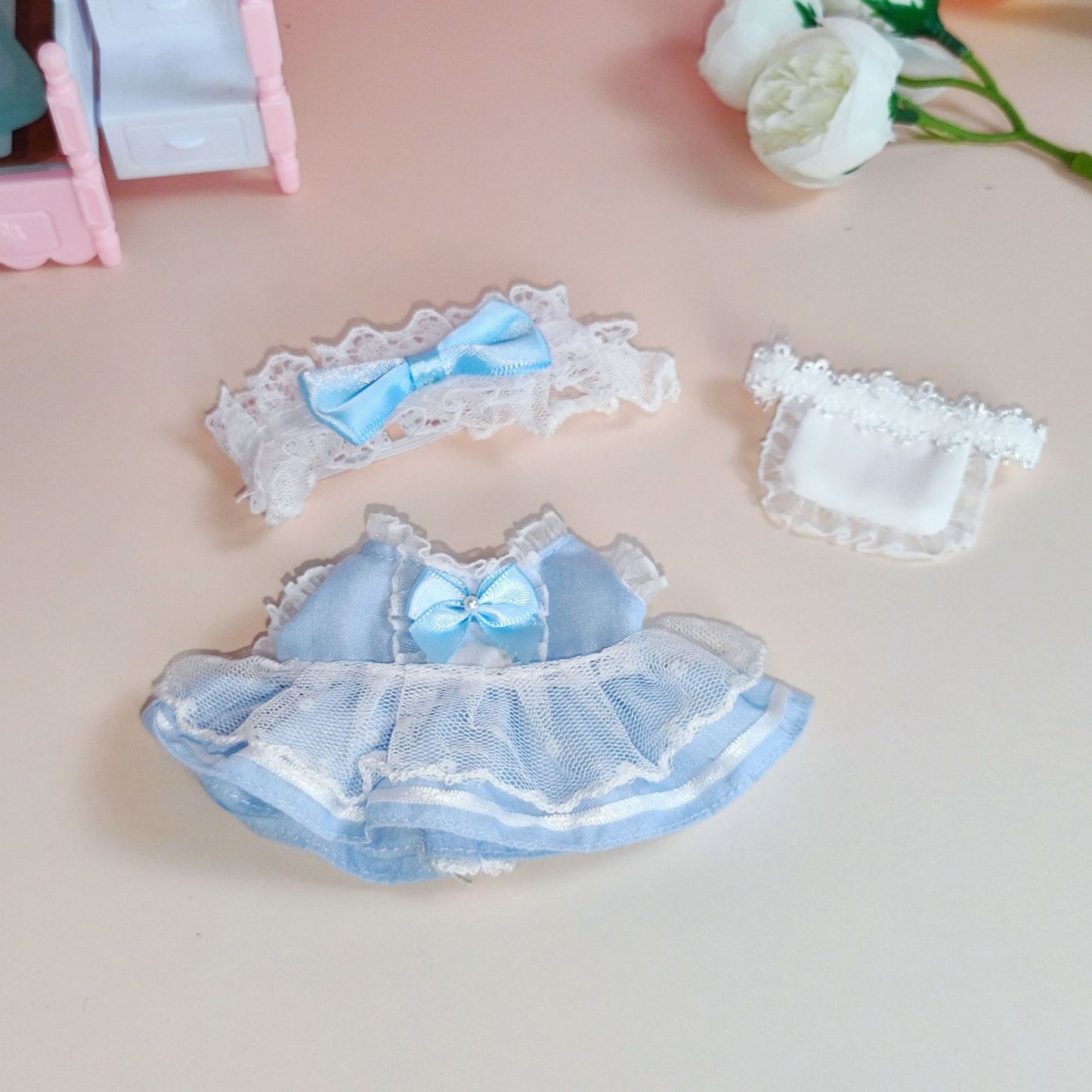 Labubu Doll Maid Outfit Set for 17cm Pendant Doll - Pink & White