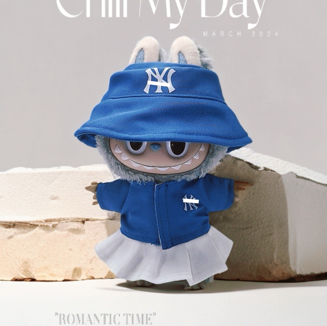 Labubu Doll Outfit Set - Blue Hat, T-Shirt & Plaid Skirt