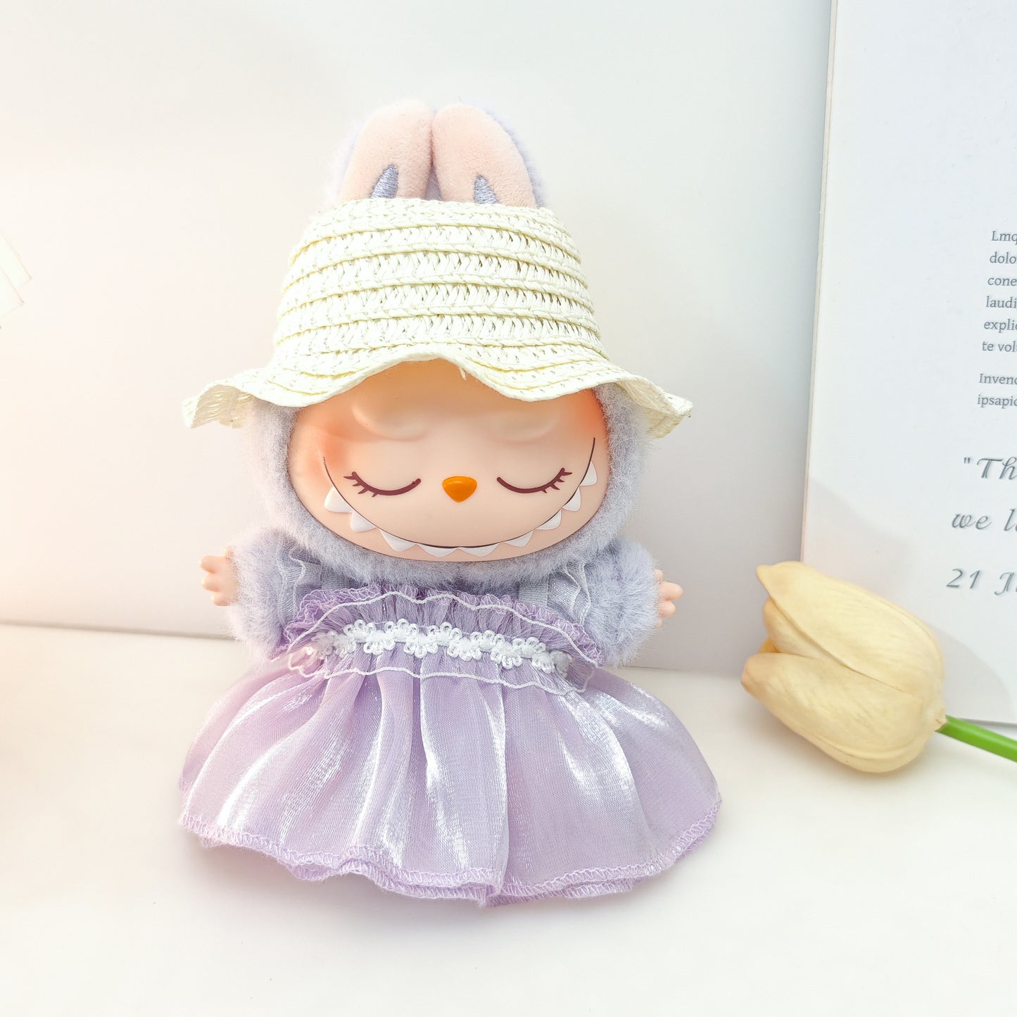Labubu Doll Outfit - Pink, Purple, White Double Layer Gauze Skirt with Pearl Hair Accessories & Straw Hats