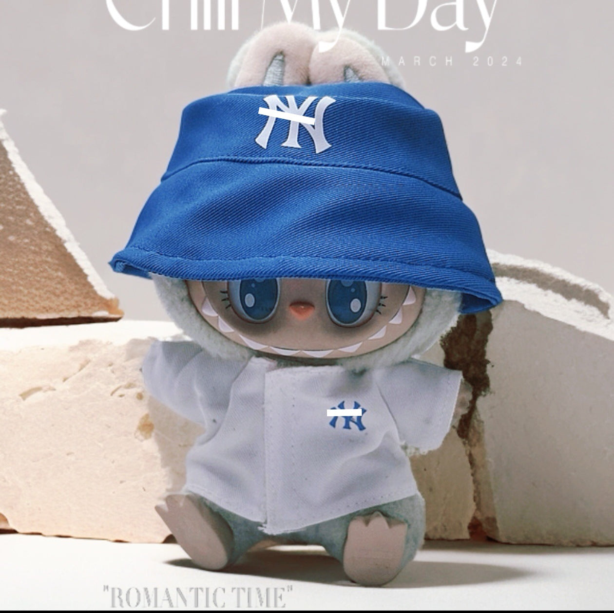 Labubu Doll Outfit Set - Blue Hat, T-Shirt & Plaid Skirt