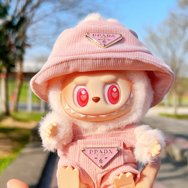 17cm Labubu First and Second Generation Labubu Sitting Party Vinyl Doll Big Brand Overalls Hat Set Replacement