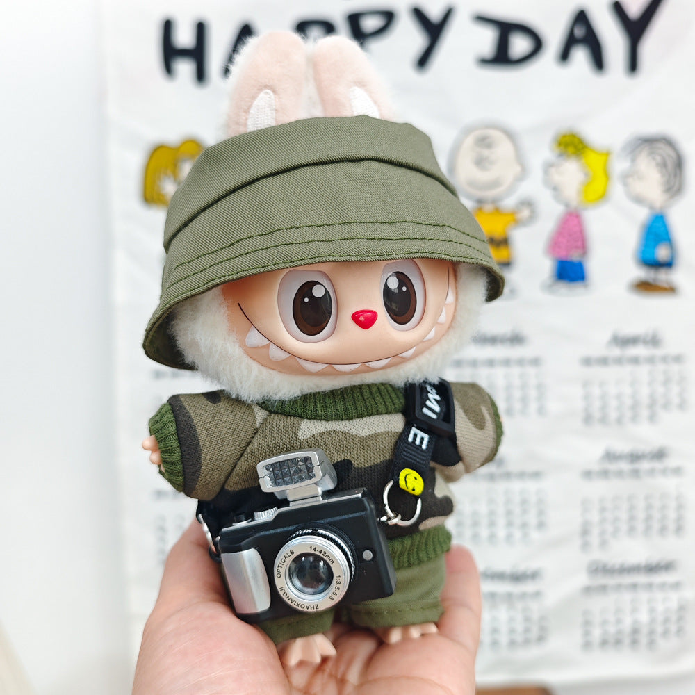Labubu 17cm Doll Camouflage Outfit with Fisherman Hat & Accessories
