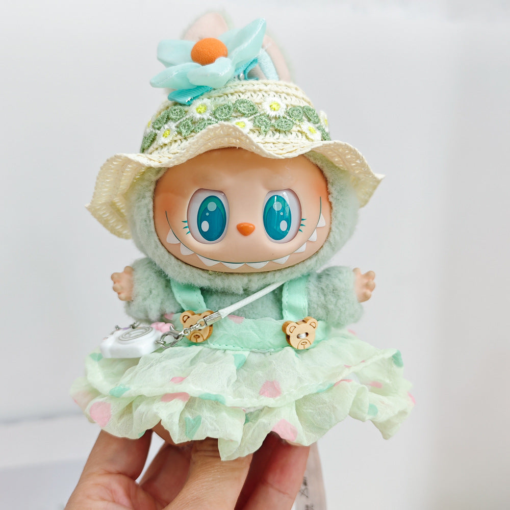 Labubu Doll Summer Outfit with Straw Hat & Accessories for 15cm Vinyl Doll