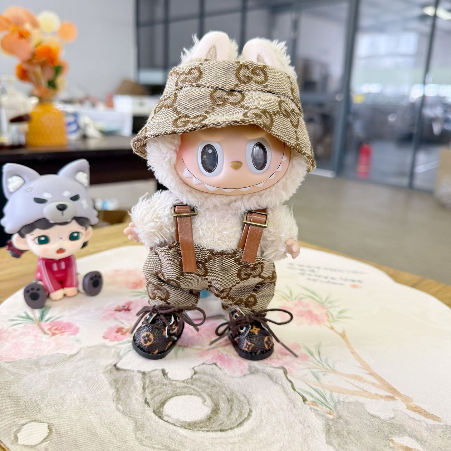 Labubu Doll Brown Leather Overalls & Hat Outfit Set