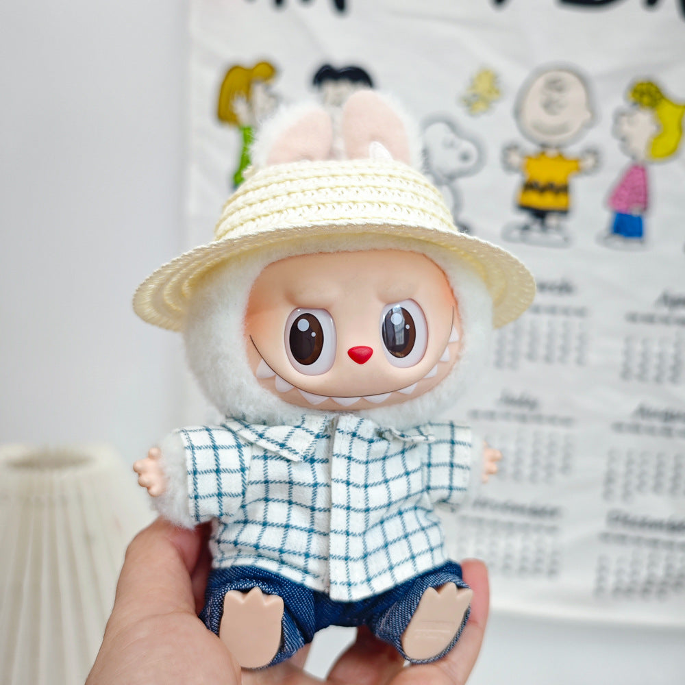 17cm Labubu Doll LABUBU Sit Party Second and Third Generation Vinyl Doll Clothes Plaid Shirt suit Hat