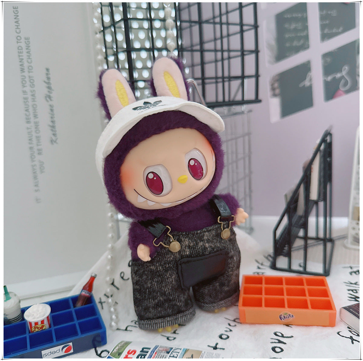 Labubu Doll Outfit - Stylish Denim Overalls & Checkered Bucket Hat for 17cm & 10cm Labubu