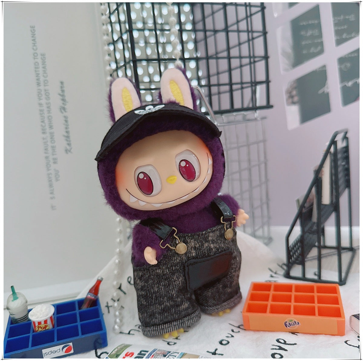 Labubu Doll Outfit - Stylish Denim Overalls & Checkered Bucket Hat for 17cm & 10cm Labubu