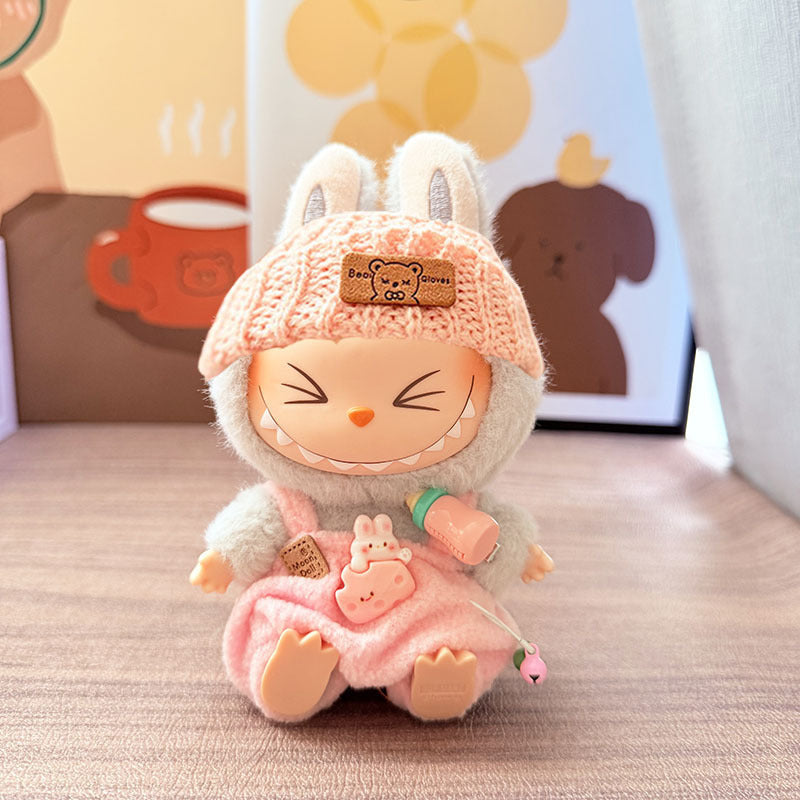 Labubu Doll Overalls Set with Baby Bottle & Hat - Cute Outfit for 1st & 2nd Gen