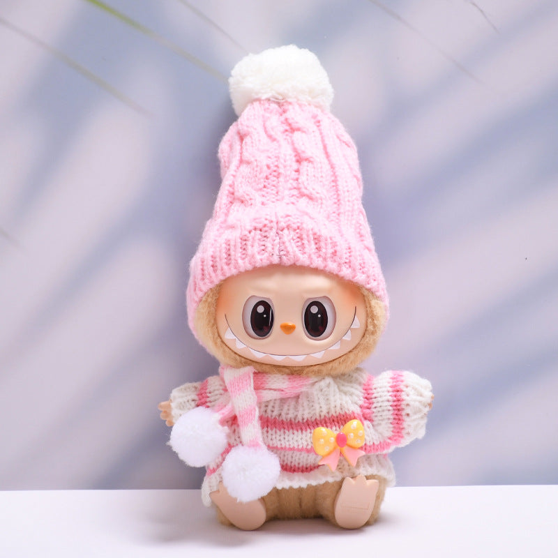Labubu Doll Clothes - Cherry Red & Pink Striped Woolen Hat Scarf Sets for 2nd Gen Pendant
