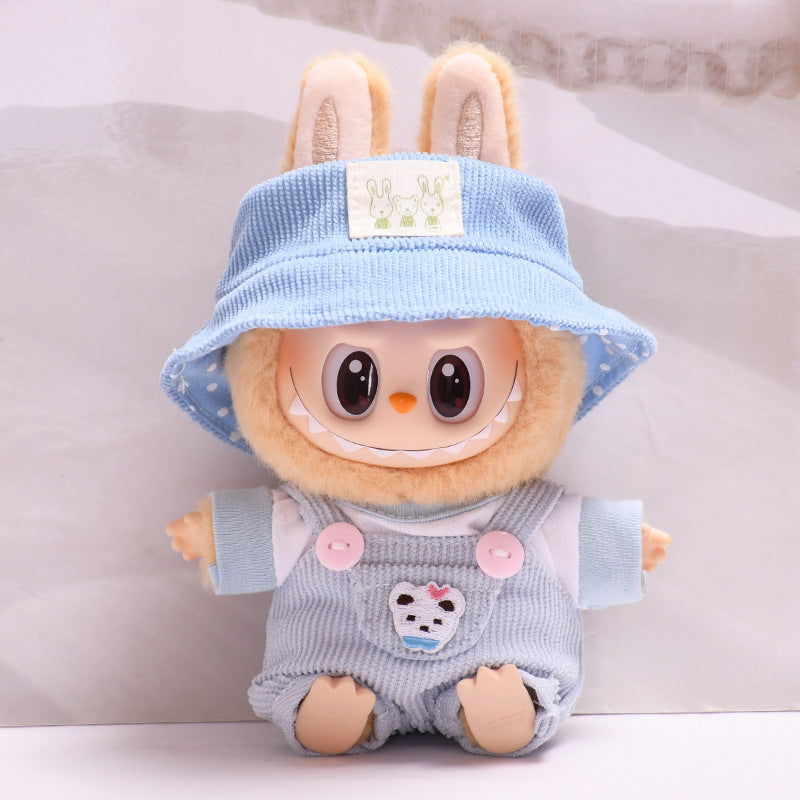 Labubu Doll Outfit - Pink, Yellow, Blue, Purple, Brown Overalls with T-Shirt & Hat