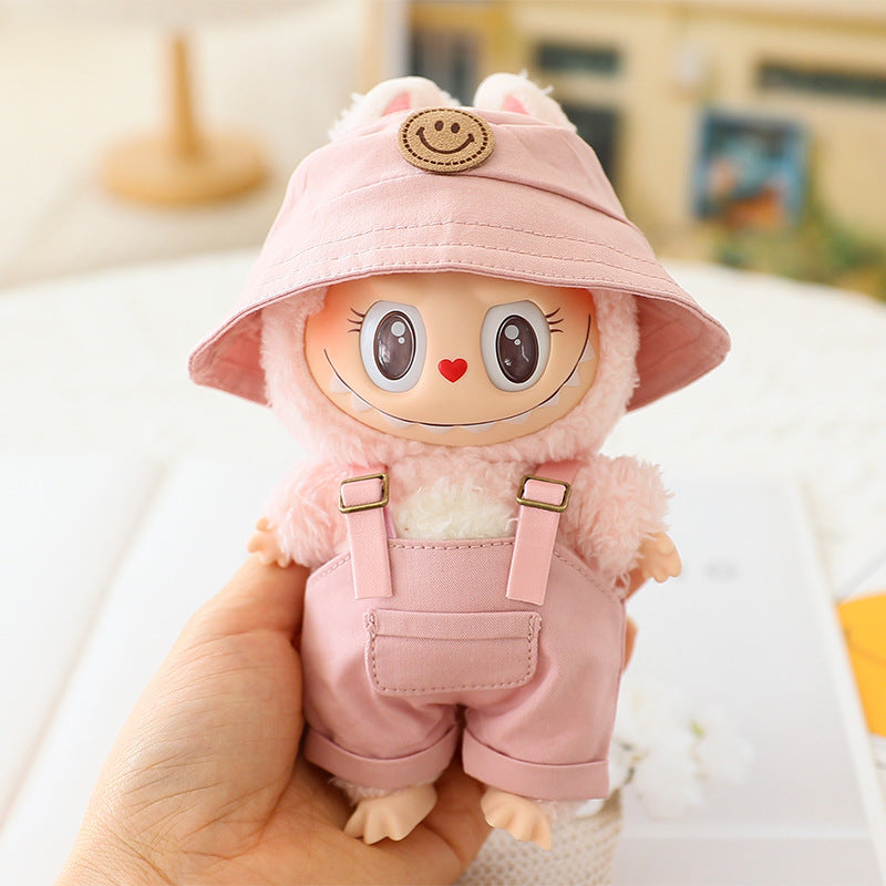 The first and second generation labubu sit party doll clothes the third generation cola vinyl blind box clothes fisherman hat suspenders pants suit