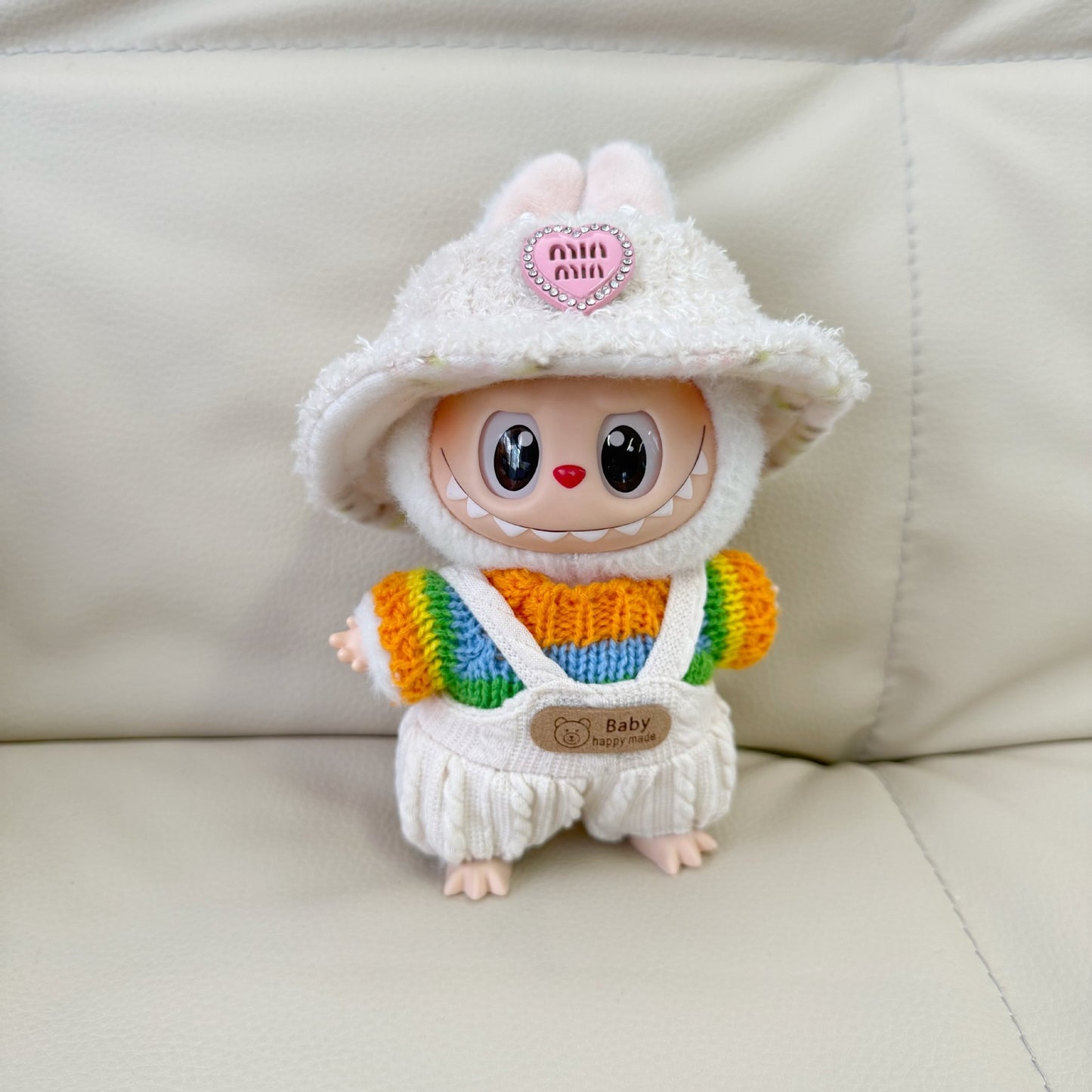 Labubu Doll Rainbow Sweater & Overalls Outfit for 10cm/17cm Vinyl Doll
