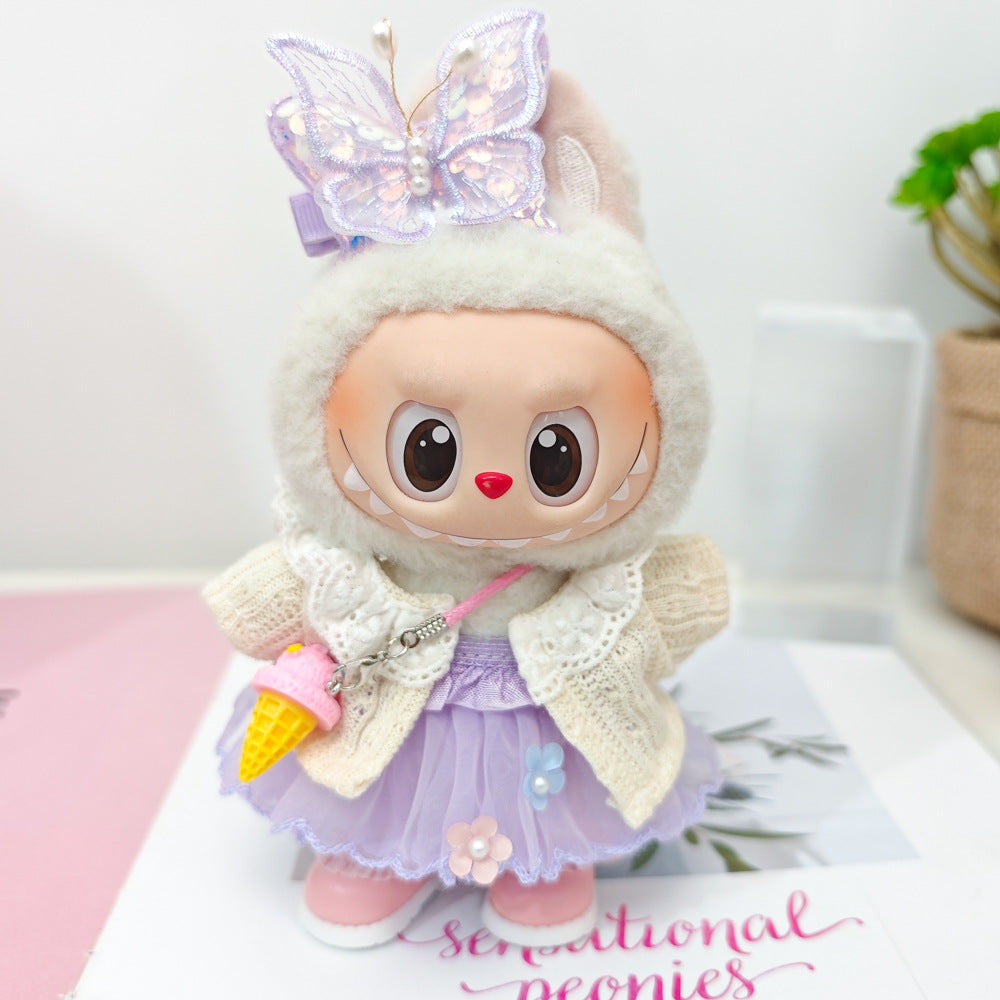 Labubu Doll Outfit - Purple Fairy Skirt & Beige Cardigan for 15-17cm Vinyl Dolls