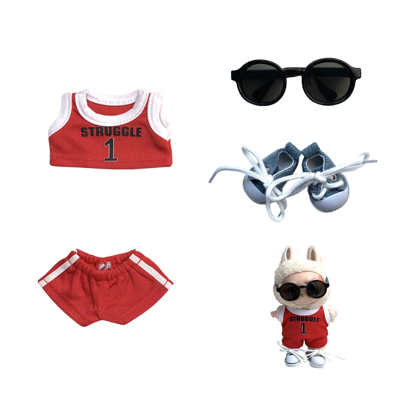 Labubu 17cm Basketball Jersey Outfit for Vinyl Doll - Red, Yellow, Purple