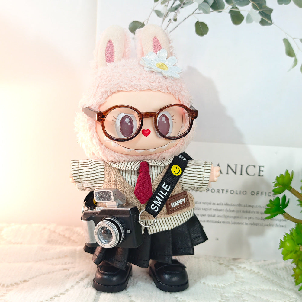 Labubu Doll Outfit - Preppy Shirt & Leather Skirt Set for 15-17cm Vinyl Doll