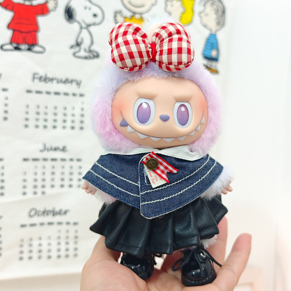 Labubu Doll Denim Shawl & Black Leather Skirt Outfit for 1st-3rd Gen Pendants