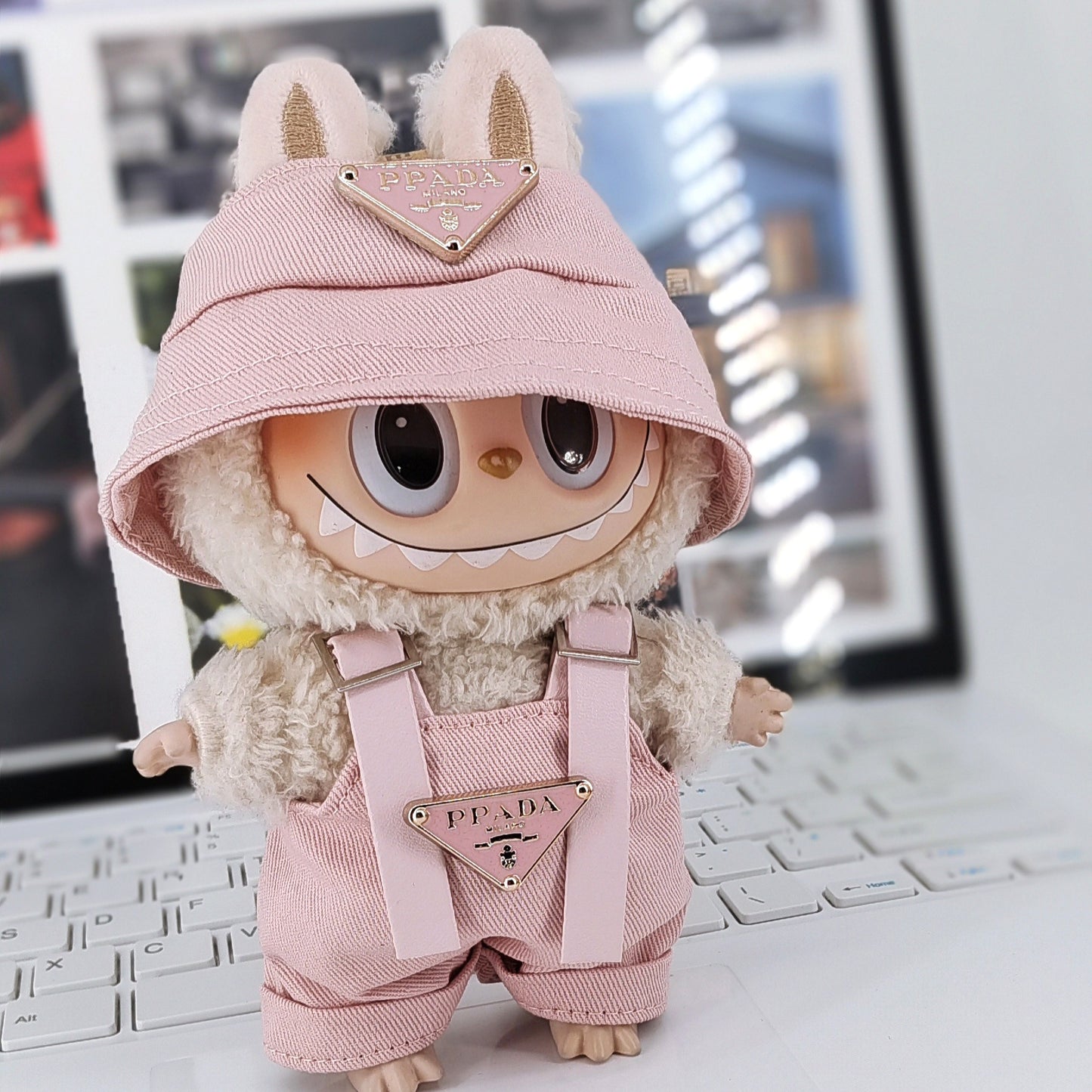 17cm Labubu Labubu Doll Coat 10cm Cotton Doll Lulu Pig Doll Three Year Old Triangle Strap Pants Fisherman Hat