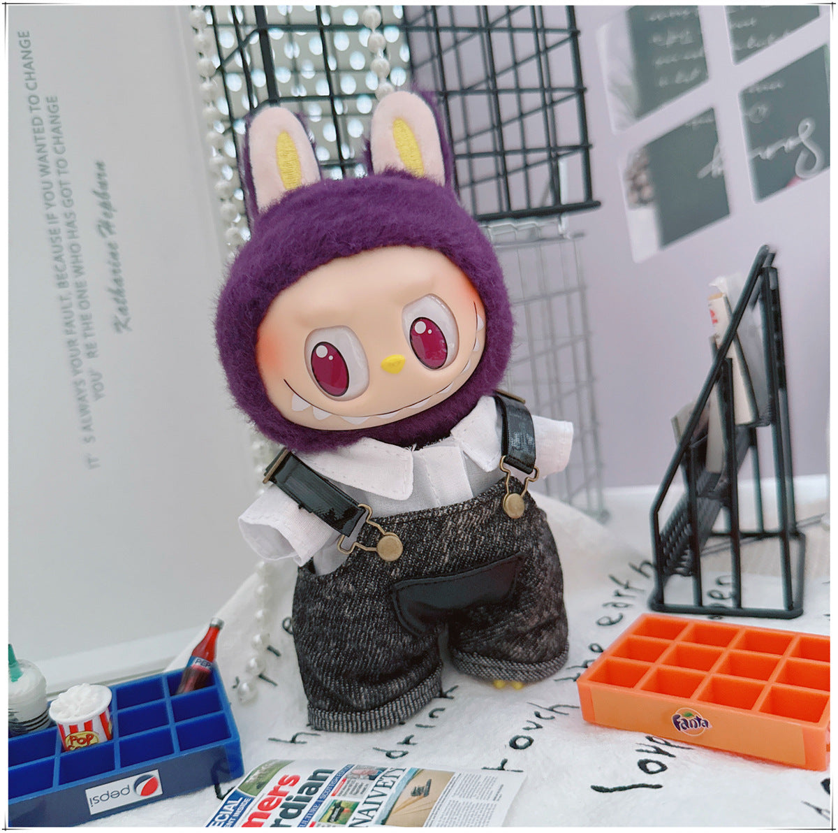 Labubu Doll Outfit - Stylish Denim Overalls & Checkered Bucket Hat for 17cm & 10cm Labubu