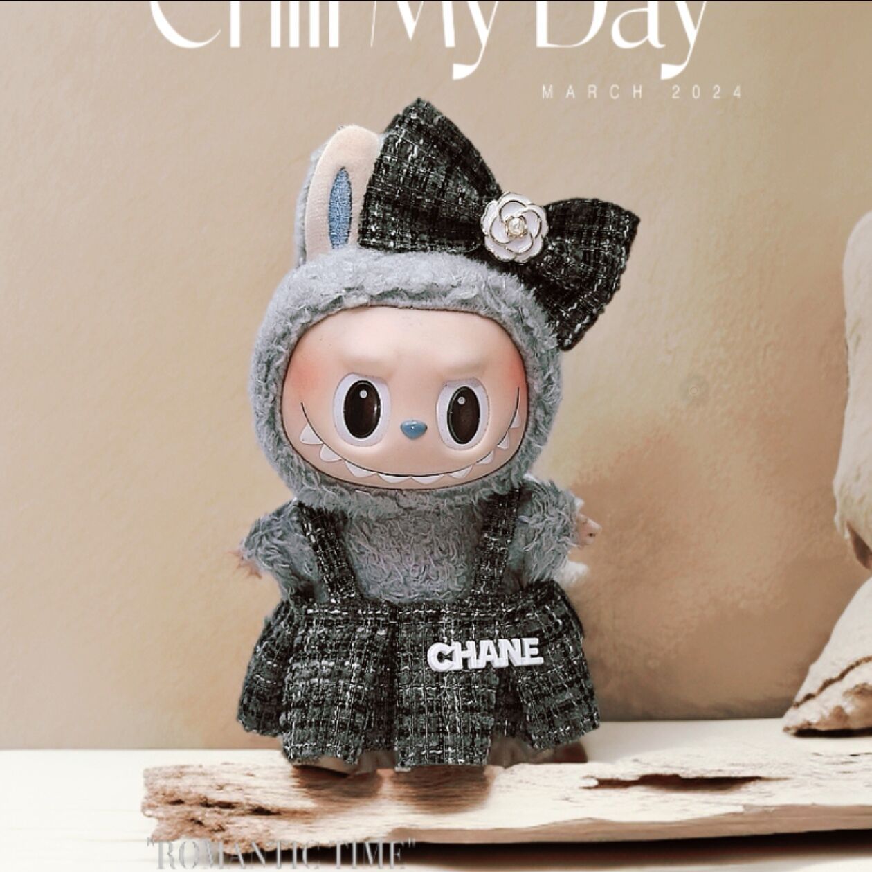 Labubu Doll Korean Style Skirt Suit Outfit - Gray & Rose