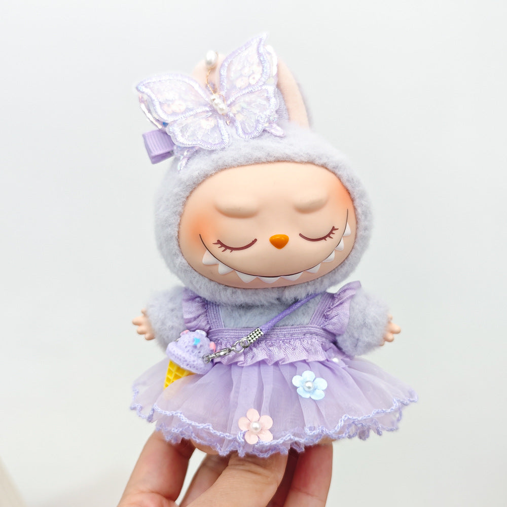 Labubu Doll Outfit - Purple Fairy Skirt & Beige Cardigan for 15-17cm Vinyl Dolls
