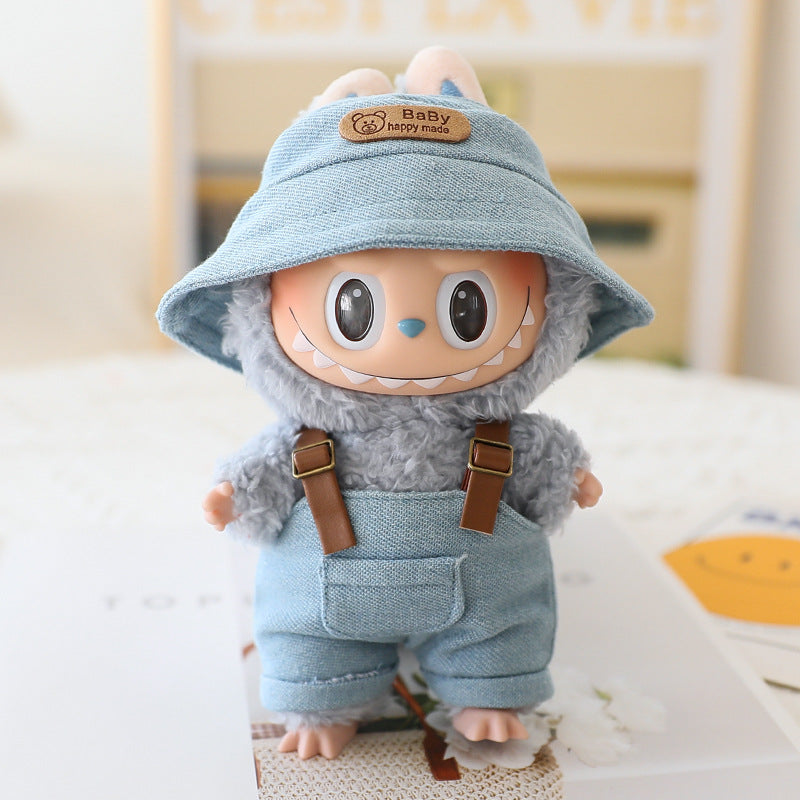 The first and second generation labubu sit party doll clothes the third generation cola vinyl blind box clothes fisherman hat suspenders pants suit