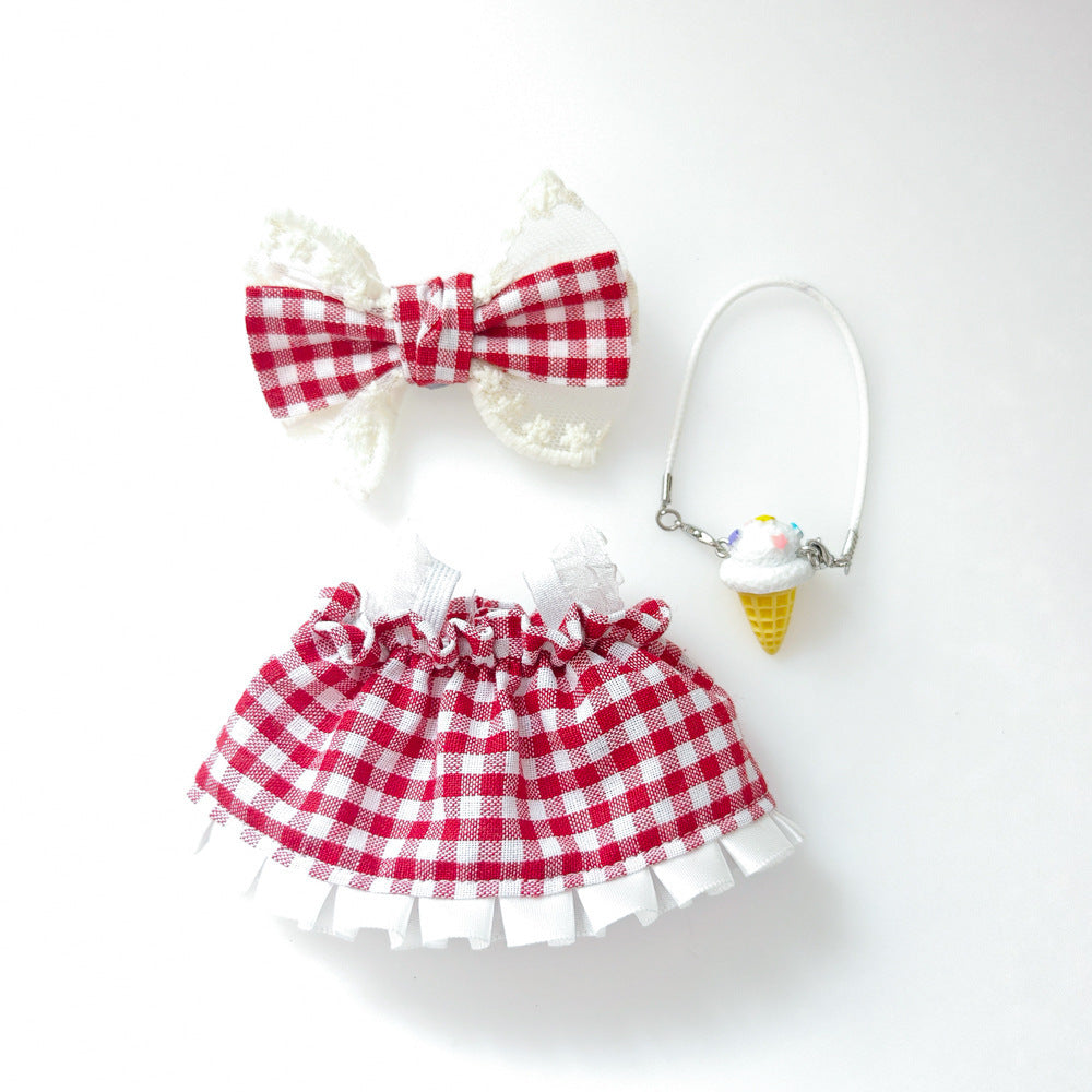 Labubu Doll Outfit - Red Plaid Skirt & Straw Hat for 17cm Vinyl Doll