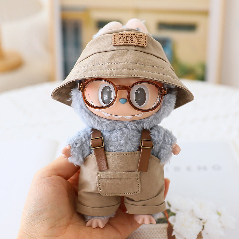The first and second generation labubu sit party doll clothes the third generation cola vinyl blind box clothes fisherman hat suspenders pants suit