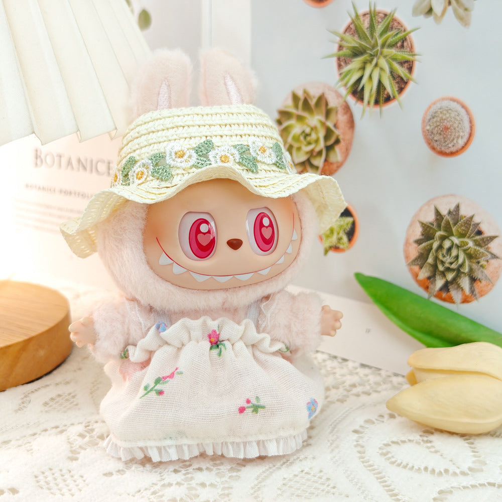 Labubu Doll Floral Dress & Straw Hat Outfit for 1st & 2nd Gen Pendants