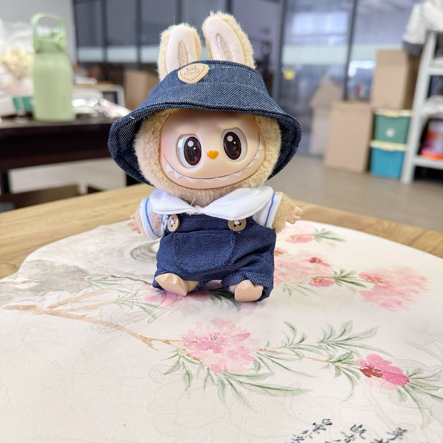 Labubu Doll Denim Suspender Suit with Bear Hat