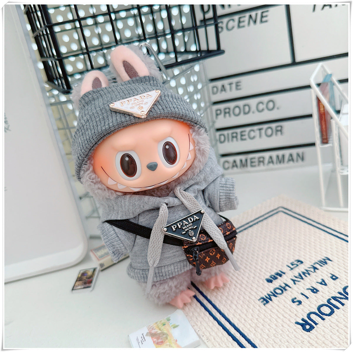 Labubu Doll Hooded Sweatshirt & Crossbody Bag Outfit for 10cm & 17cm Vinyl Dolls