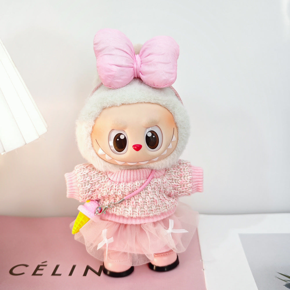 Labubu Doll Outfit Set - Knitted Sweater & Gauze Skirt with Bow Headband