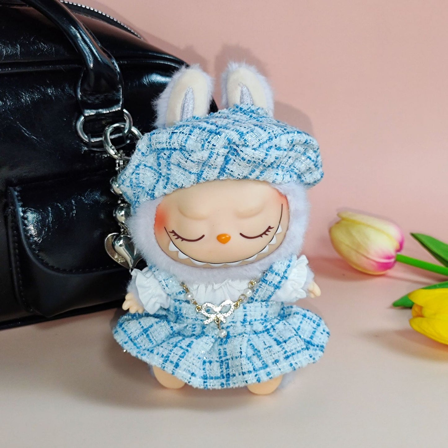 Labubu Doll Dress Outfit - Gold Silk Skirt & Beret for 1st/2nd Gen