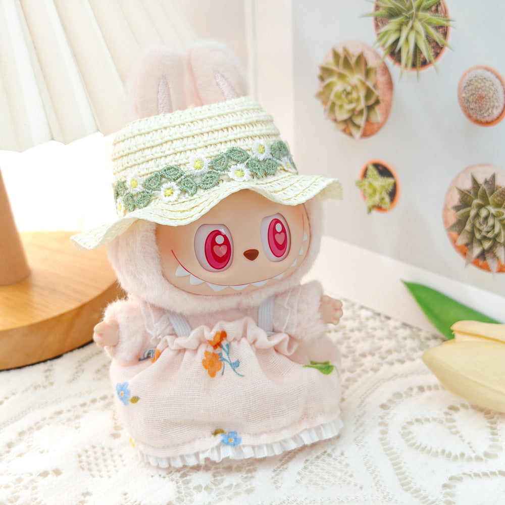 Labubu Doll Floral Dress & Straw Hat Outfit for 1st & 2nd Gen Pendants